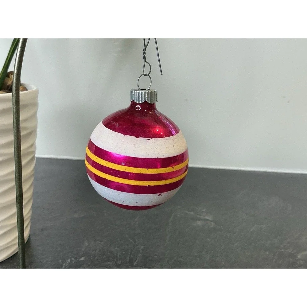 Shiny Brite Pink Yellow & White Hand Painted Striped Christmas Ornament 2.25
